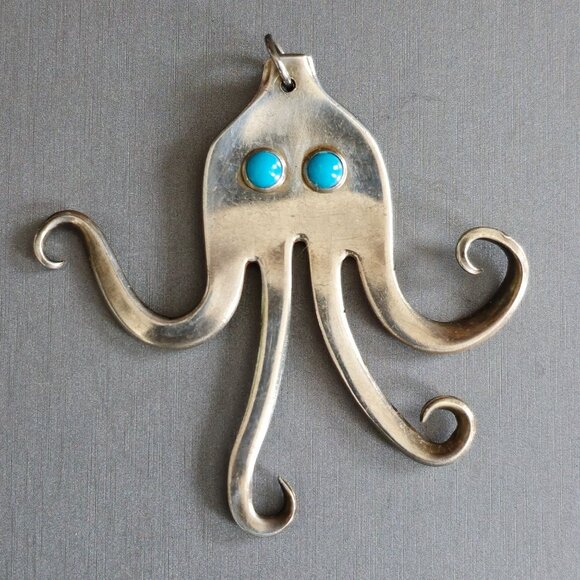 Handcrafted Jewelry - VTG Sterling Silver-Plated Fork Octopus Pendant Turquoise Eyes Nautical Jewelry